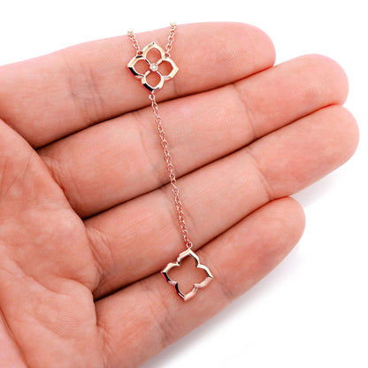 OPEN CLOVER Y DANGLE NECKLACE 14K SOLID GOLD 0.01CTW