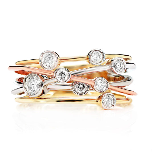 SCATTERED CROSS OVER TRI TONE DIAMOND RING 14K SOLID GOLD 0.50CTW
