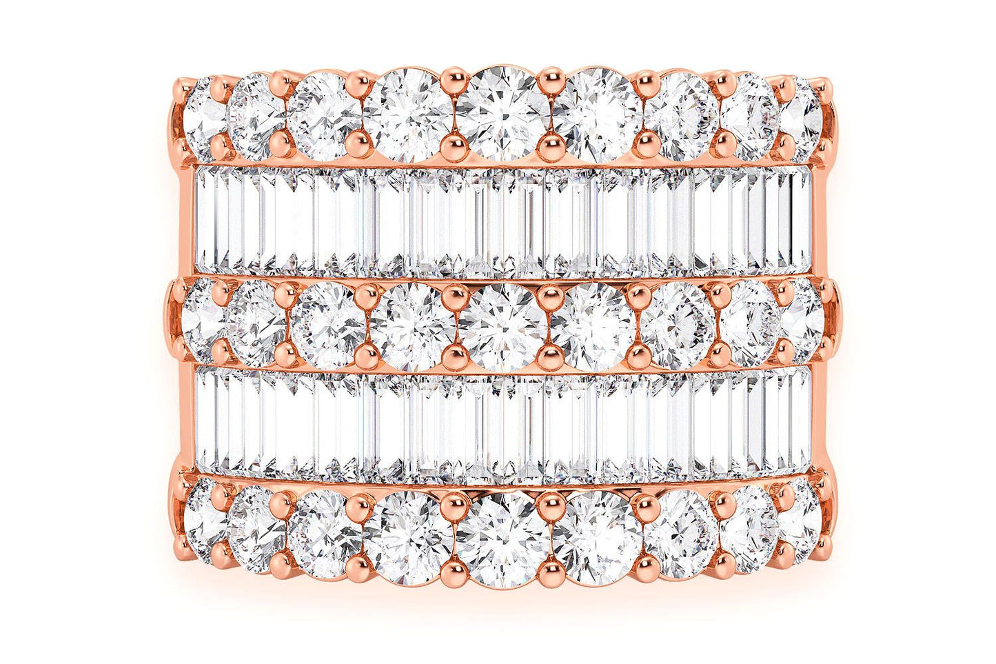 SUPER THREE ROW ROUND & BAGUETTE DIAMOND RING 14K SOLID GOLD 5.25CTW