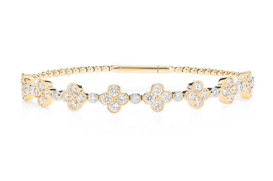 MILGRAIN DIAMOND CLOVER FLEX BANGLE BRACELET 14K SOLID GOLD 2.80CTW