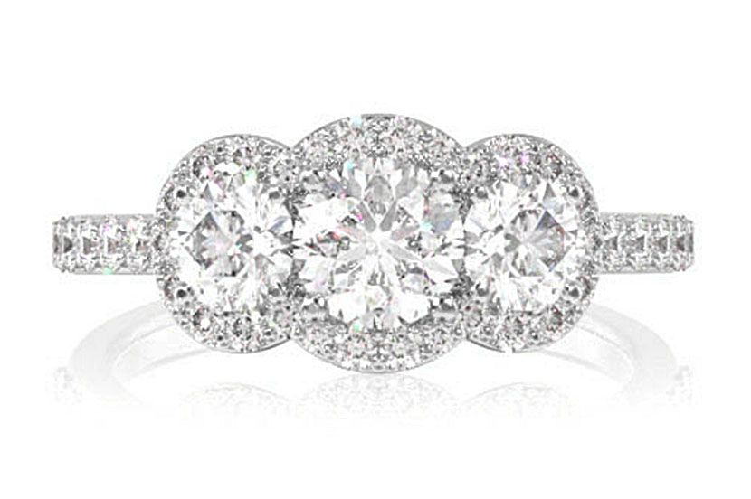 3 STONE HALO DIAMOND ENGAGEMENT RING 1.50CTW- 14K SOLID GOLD
