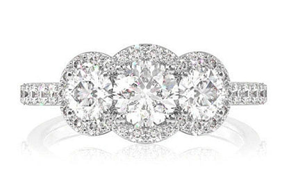 3 STONE HALO DIAMOND ENGAGEMENT RING 1.50CTW- 14K SOLID GOLD