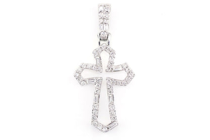 TAPERED OPEN ROUND AND BAGUETTE DIAMOND CROSS PENDANT 14K SOLID GOLD 0.38CTW