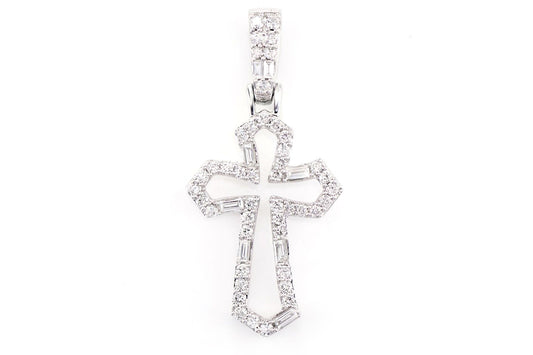TAPERED OPEN ROUND AND BAGUETTE DIAMOND CROSS PENDANT 14K SOLID GOLD 0.38CTW