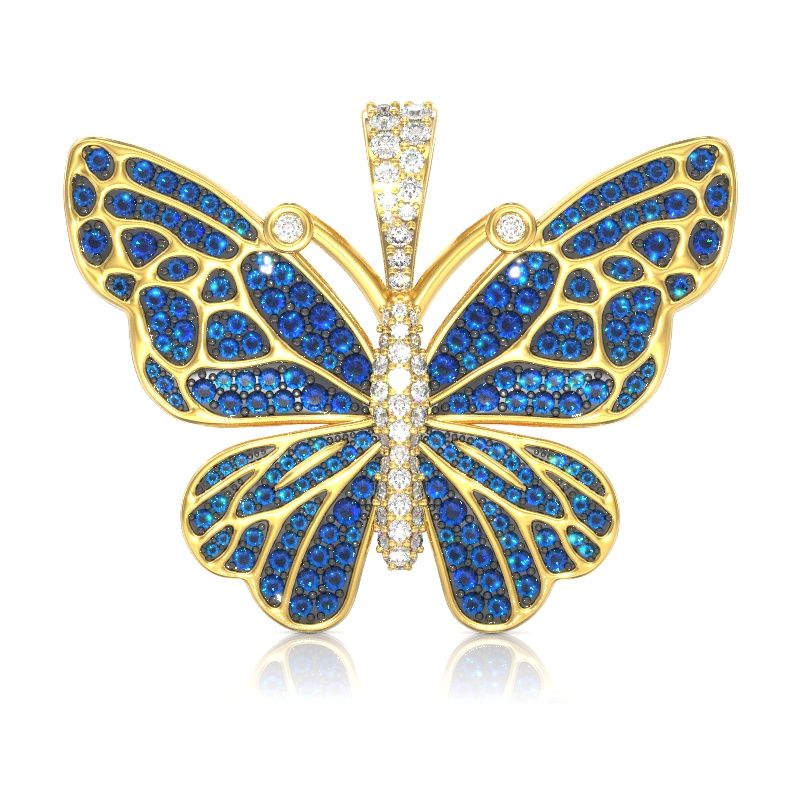 BUTTERFLY BLUE DIAMOND PENDANT 14K SOLID GOLD 1.75CTW
