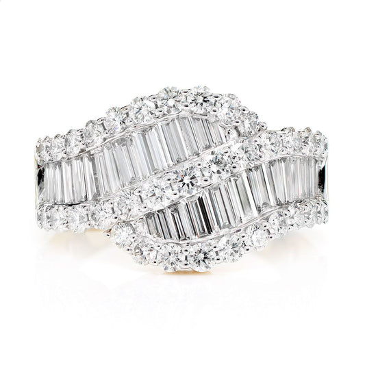 BAGUETTE AND ROUND DIAMOND WAVE RING 14K SOLID GOLD 2.75CTW