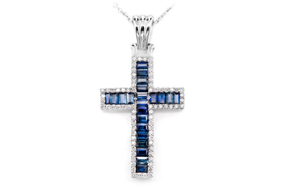 COLIER CU PANDANTIV CU CRUCĂ DE SAFIR ȘI HALO DE DIAMANTE ATAȘAT, AUR MASIV DE 14K, 2.90CT