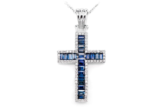 SAPPHIRE CROSS WITH DIAMOND HALO PENDANT NECKLACE ATTACHED 14K SOLID GOLD 2.90CTW