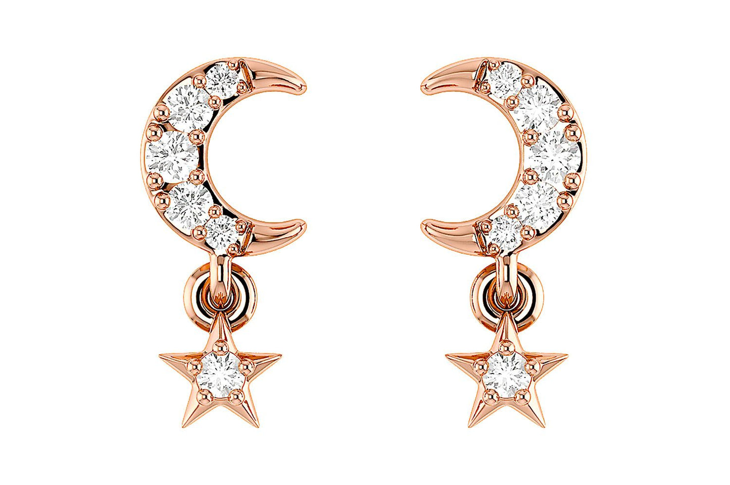 MOON AND STAR DANGLING DIAMOND EARRINGS 14K SOLID GOLD 0.05CTW