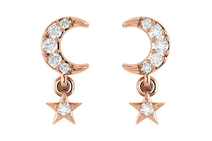 MOON AND STAR DANGLING DIAMOND EARRINGS 14K SOLID GOLD 0.05CTW