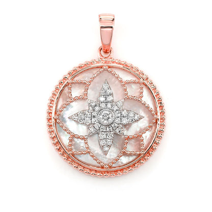 MOTHER OF PEARL AND DIAMOND MILGRAIN FLOWER MEDALLION PENDANT 14K SOLID GOLD 3.00CTW
