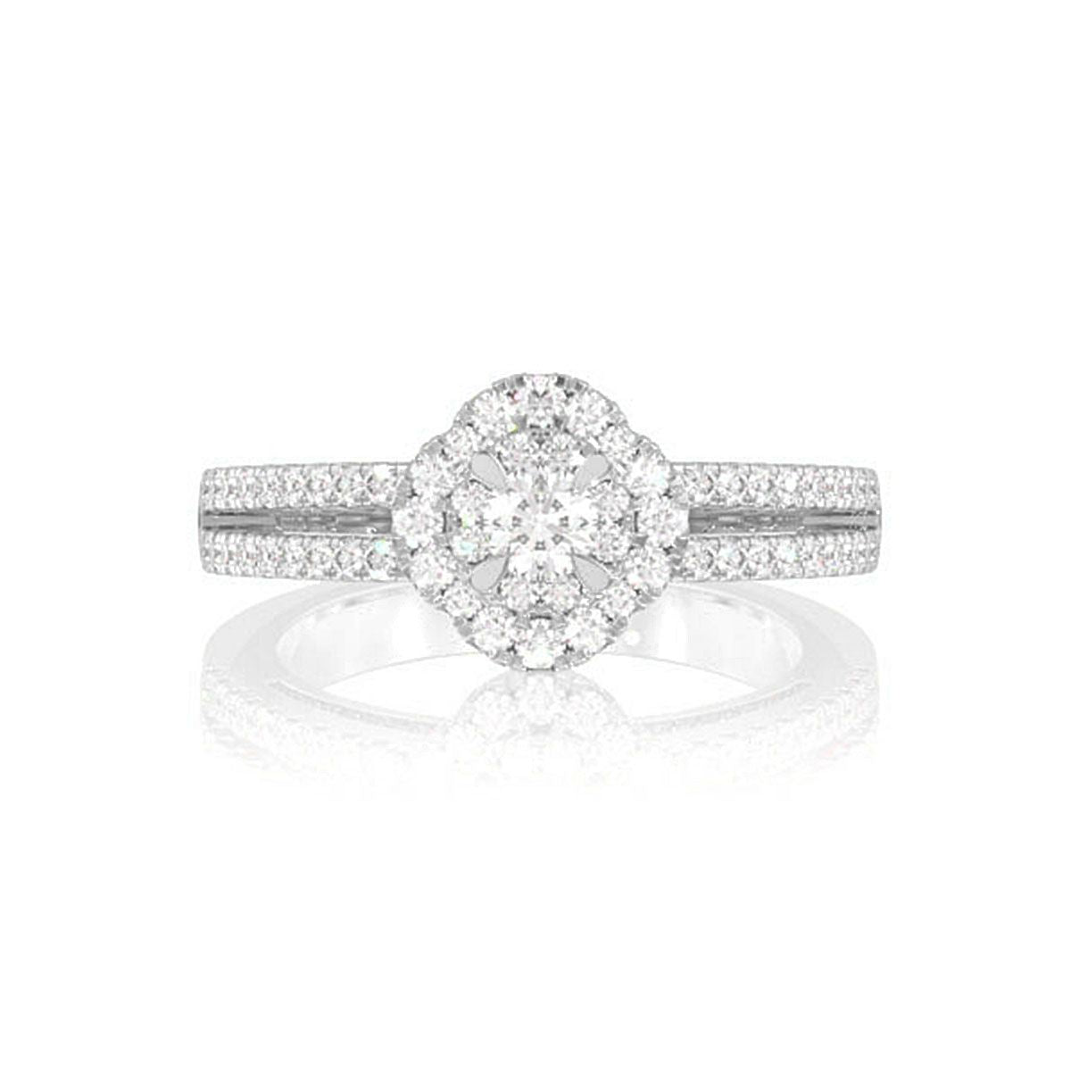 0.50CTW DOUBLE HALO FLOWER SPLIT SHANK - DIAMOND ENGAGEMENT RING