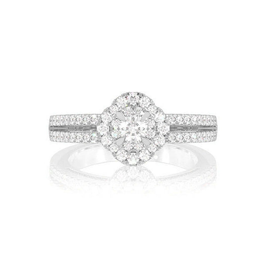 INEL DE LOGODNĂ CU DIAMANT, CU HALO DUBLU, 0.50 CT, TIJĂ DESPĂRȚITĂ CU FLORĂ - DIAMANT