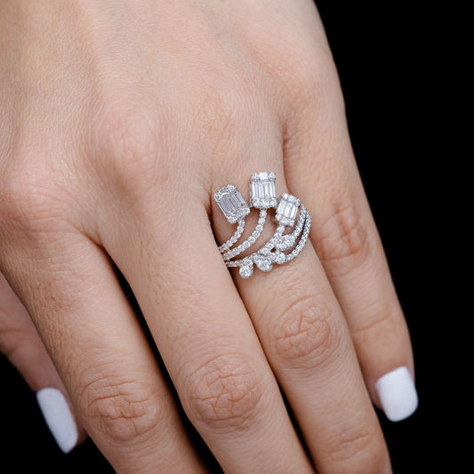 DIAMOND BAGUETTE CLUSTER WAVE RING 14K SOLID GOLD 1.00CTW