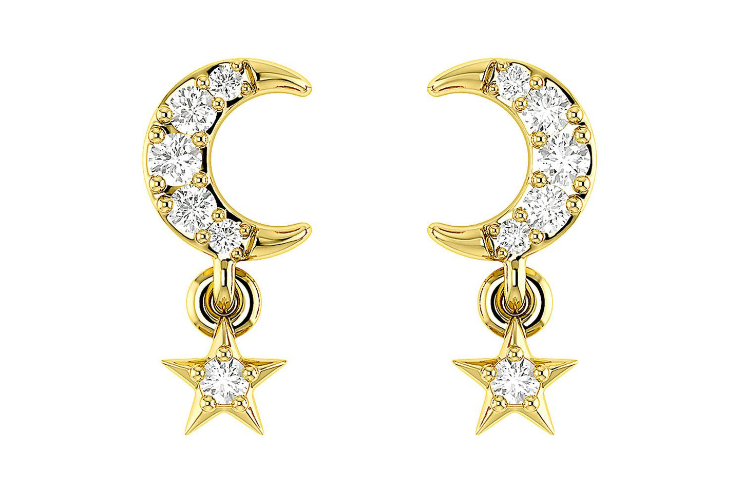 MOON AND STAR DANGLING DIAMOND EARRINGS 14K SOLID GOLD 0.05CTW