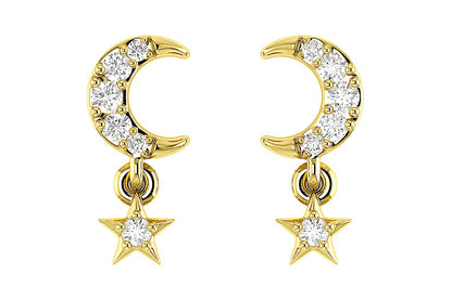 MOON AND STAR DANGLING DIAMOND EARRINGS 14K SOLID GOLD 0.05CTW