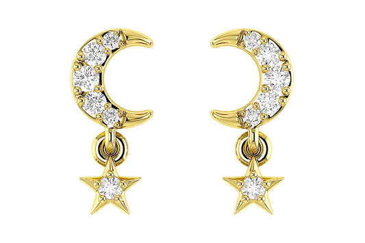 MOON AND STAR DANGLING DIAMOND EARRINGS 14K SOLID GOLD 0.05CTW