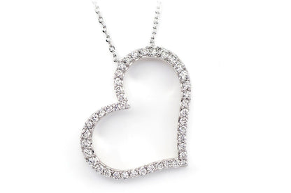 ANGLED OPEN DIAMOND HEART PENDANT ATTACHED NECKLACE 14K SOLID GOLD 0.50CTW