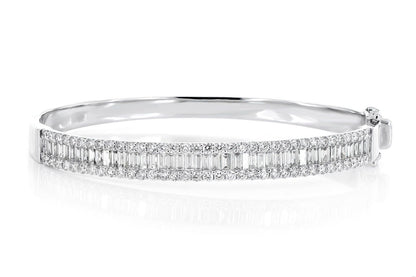 BAGUETTE AND ROUND DIAMOND BORDER BANGLE BRACELET 14K SOLID GOLD 3.50CTW