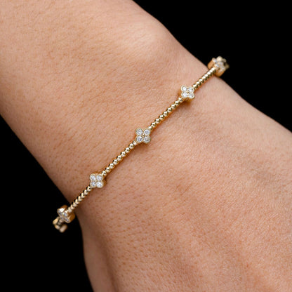 BEADED MILGRAIN DIAMOND CLOVER FLEX BANGLE BRACELET 14K SOLID GOLD 0.45CTW