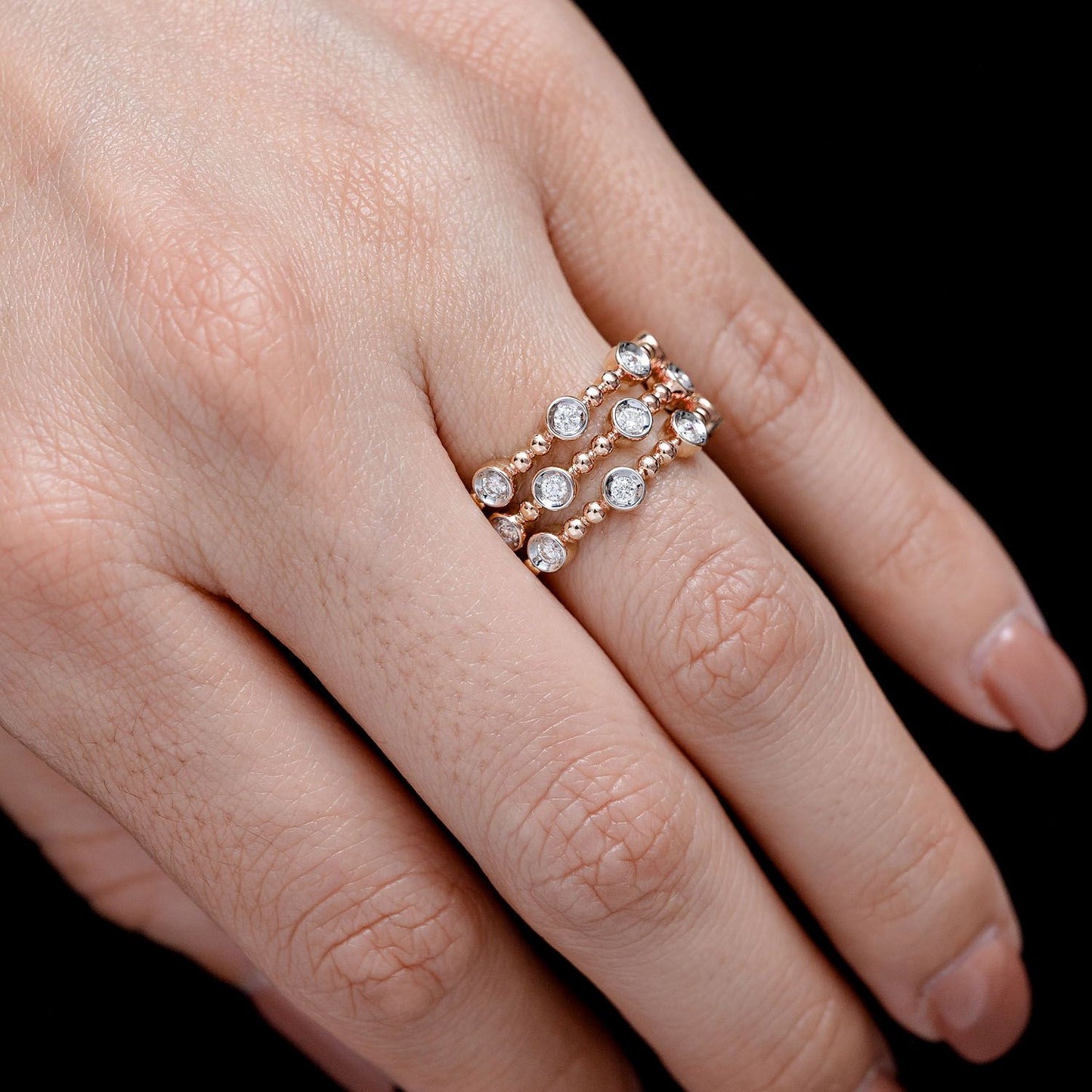 FOUR ROW SCATTERED BEADED BEZEL DIAMOND BAND RING 14K SOLID GOLD 0.35CTW