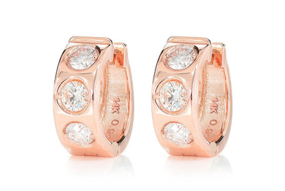 THREE STONE GYPSY SET DIAMOND HUGGIE HOOP EARRINGS 14K SOLID GOLD 0.95CTW