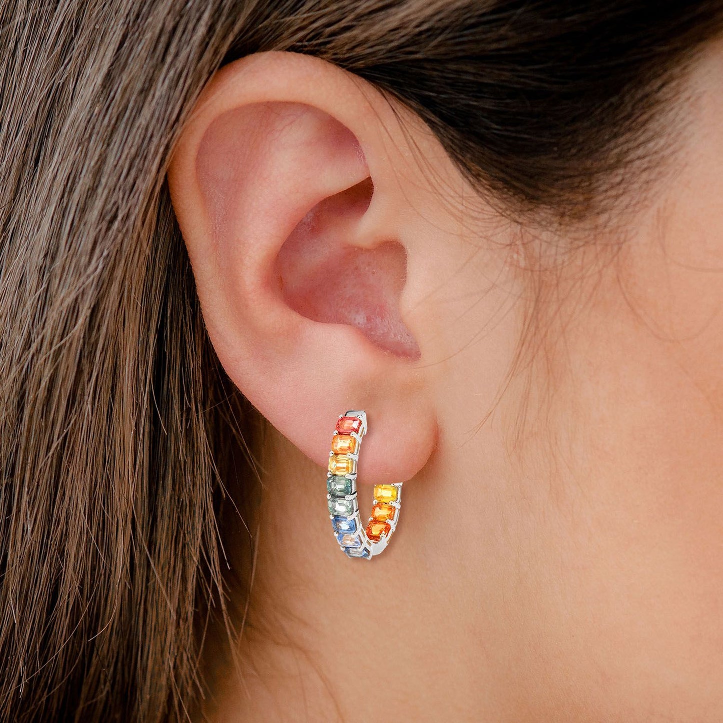 RAINBOW COLORED SAPPHIRE INSIDE OUTSIDE HOOP EARRINGS 14K SOLID GOLD 7.10CTW