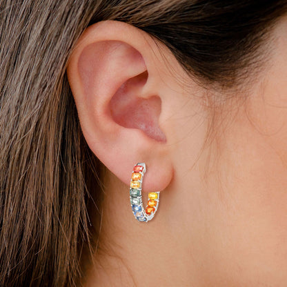 RAINBOW COLORED SAPPHIRE INSIDE OUTSIDE HOOP EARRINGS 14K SOLID GOLD 7.10CTW
