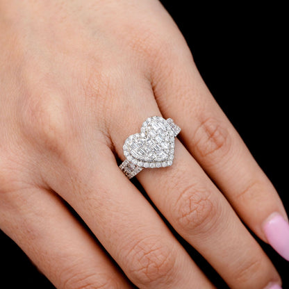 TWO LAYER BAGUETTE AND ROUND DIAMOND HEART RING 14K SOLID GOLD 1.70CTW