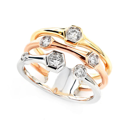 TRI COLOR SCATTERED GYPSY SET DIAMOND MULTI ROW RING 14K SOLID GOLD 0.33CTW