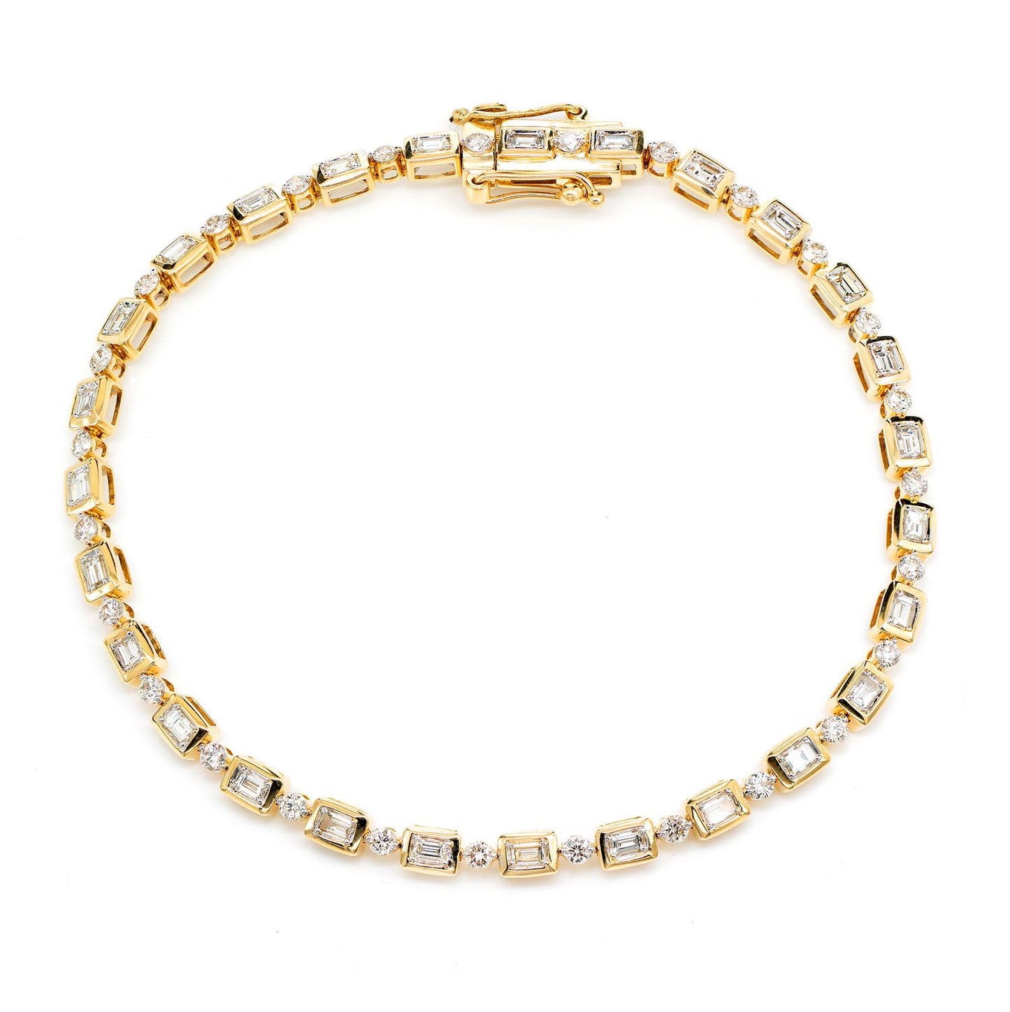 DIAMOND BAGUETTE AND ROUND BEZEL ALTERNATING LINK BRACELET 14K SOLID GOLD 1.20CTW