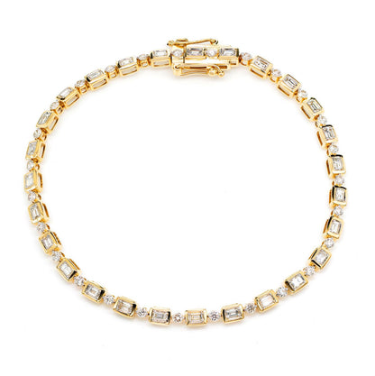 DIAMOND BAGUETTE AND ROUND BEZEL ALTERNATING LINK BRACELET 14K SOLID GOLD 1.20CTW