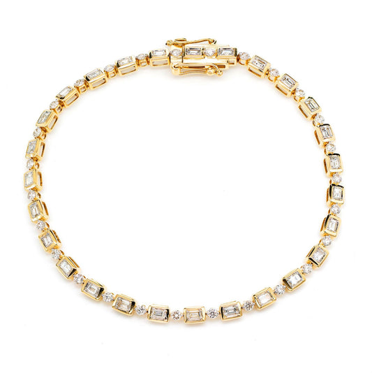 DIAMOND BAGUETTE AND ROUND BEZEL ALTERNATING LINK BRACELET 14K SOLID GOLD 1.20CTW