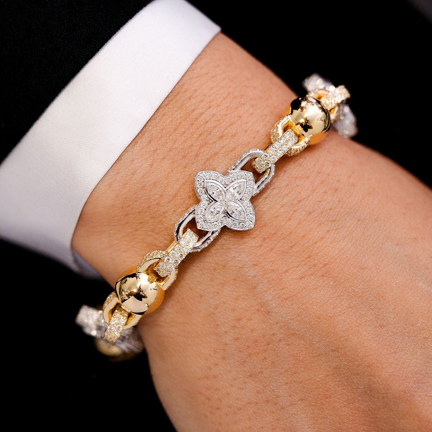 BEADED MARQUISE FLOWER ROLO BRACELET 14K SOLID GOLD 14.50CTW